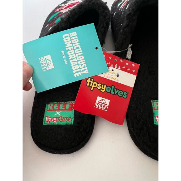 NWT REEF x Tipsy Elves Men\'s Santa Unicorn Reef Slippers Faux Fur Black Size 9